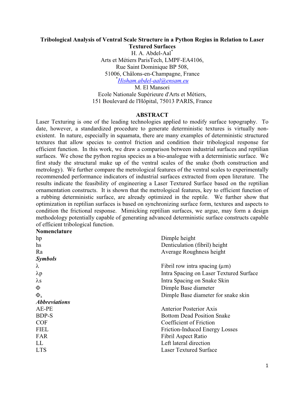 Tribological Analysis of Ventral Scale Structure in a Python Regius in Relation to Laser Textured Surfaces H