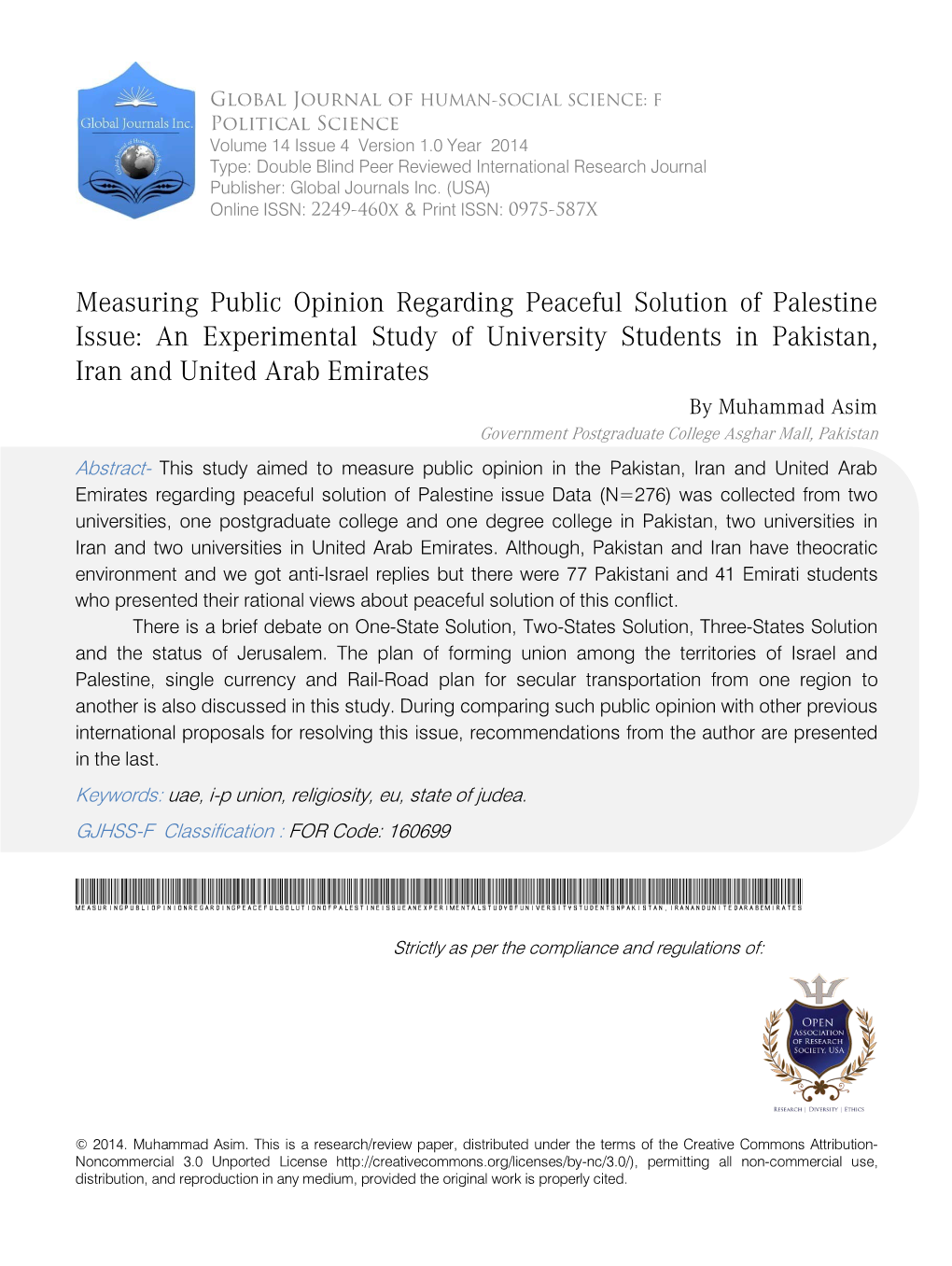 Measuring Public Opinion Regarding Peaceful Solution of Palestine Issue