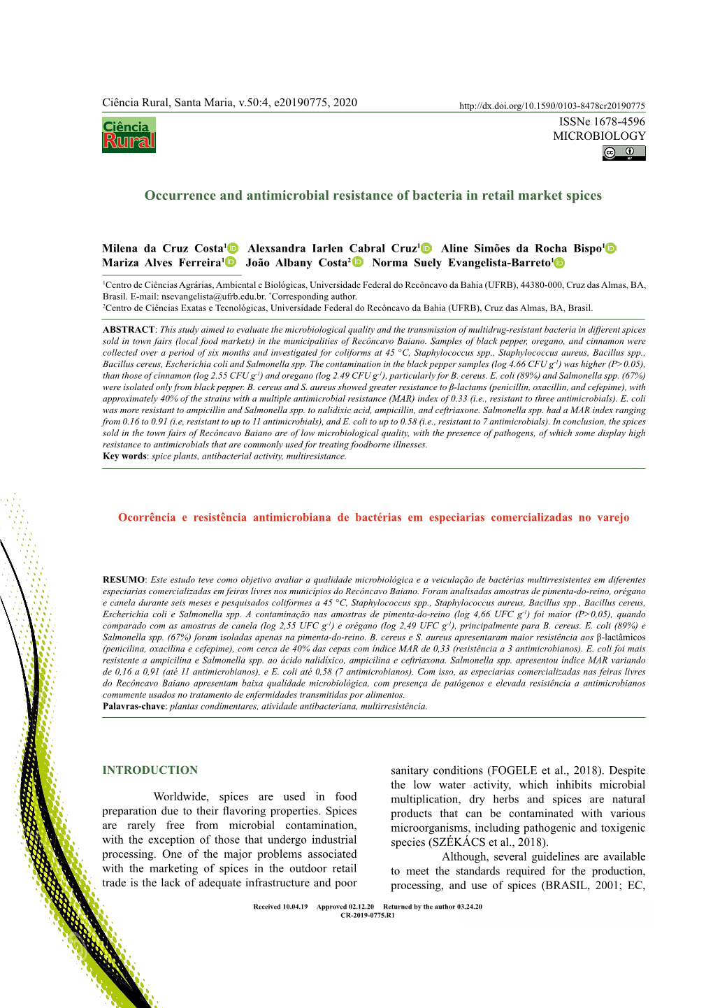 Occurrence and Antimicrobial Resistance of Bacteria in Retail Market Spices