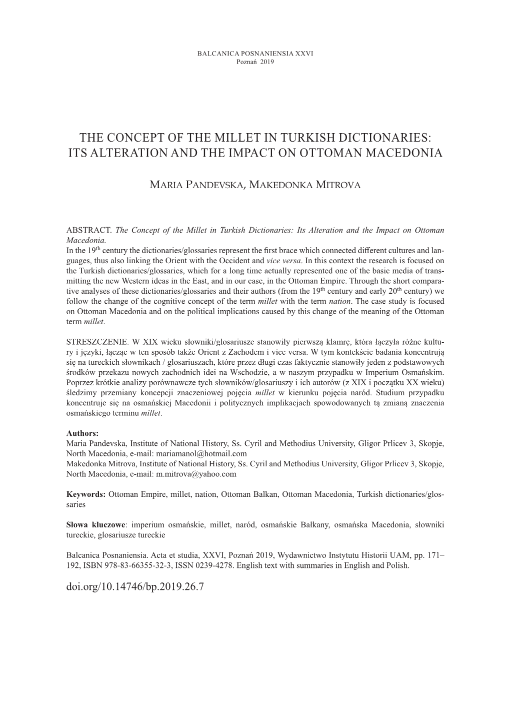 The Concept of the Millet in Turkish Dictionaries: Its Alteration and the Impact on Ottoman Macedonia