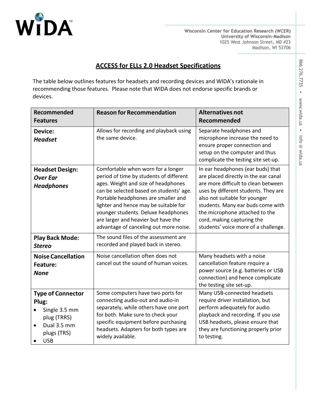 ACCESS for Ells 2.0 Headset Specifications