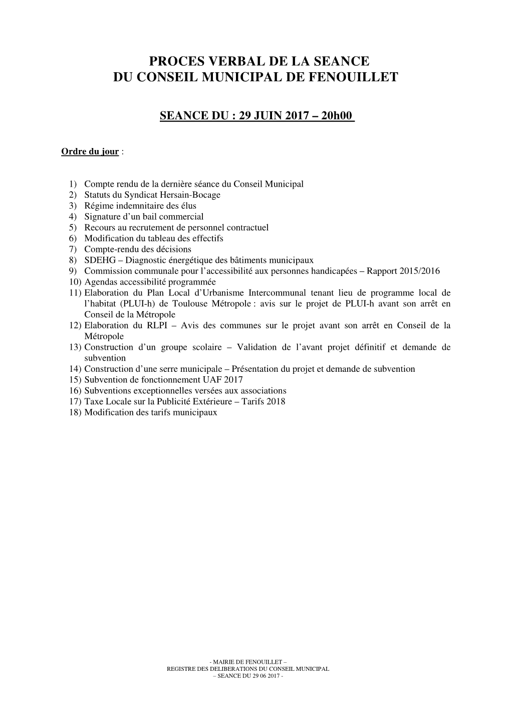 Proces Verbal De La Seance Du Conseil Municipal De Fenouillet