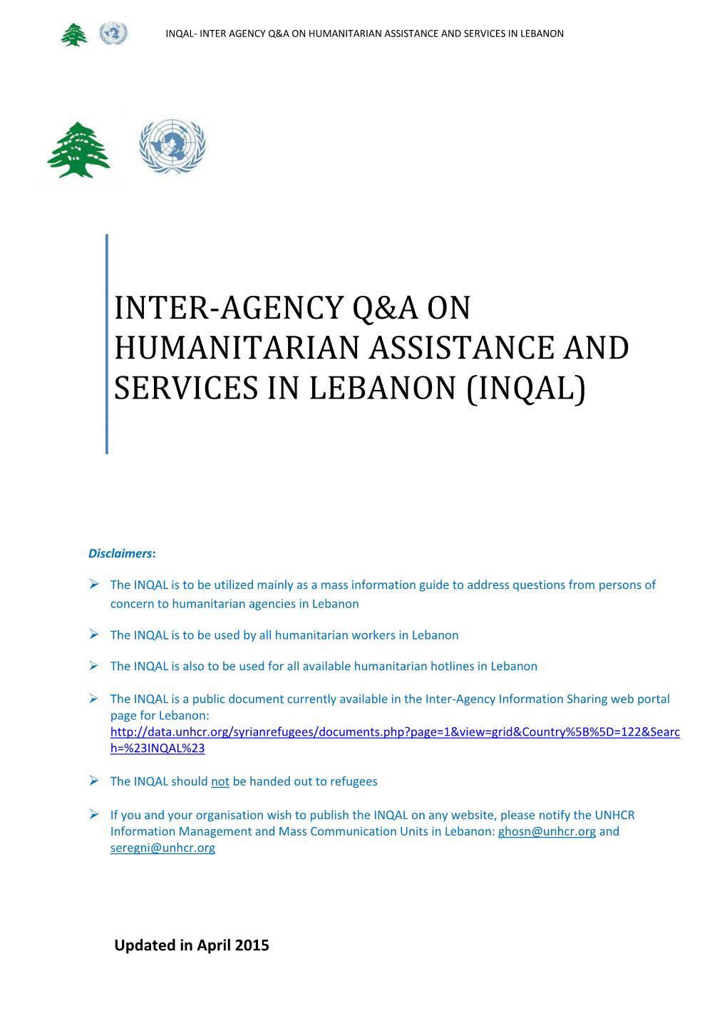 Inter-Agency Q&A on Humanitarian Assistance and Services in Lebanon (Inqal)