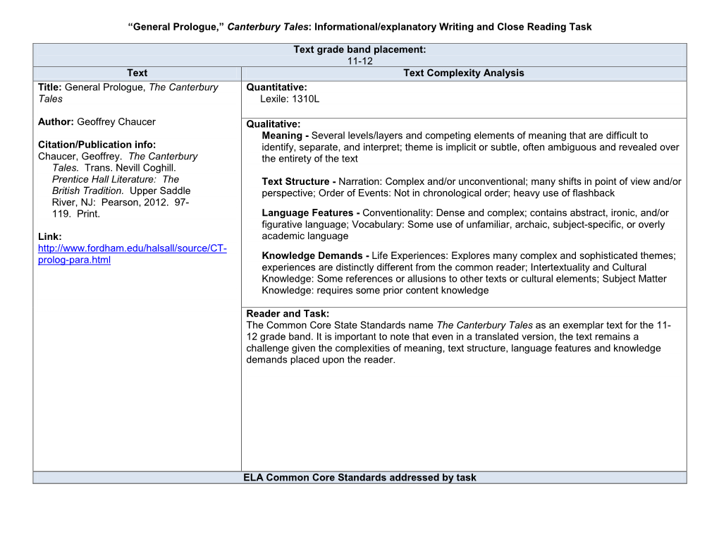 “General Prologue,” Canterbury Tales: Informational/Explanatory Writing and Close Reading Task Text Grade Band Placement