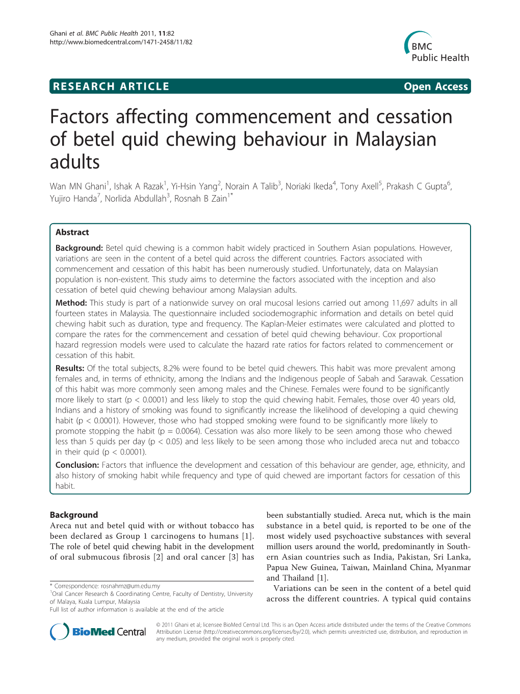 Factors Affecting Commencement and Cessation of Betel Quid Chewing