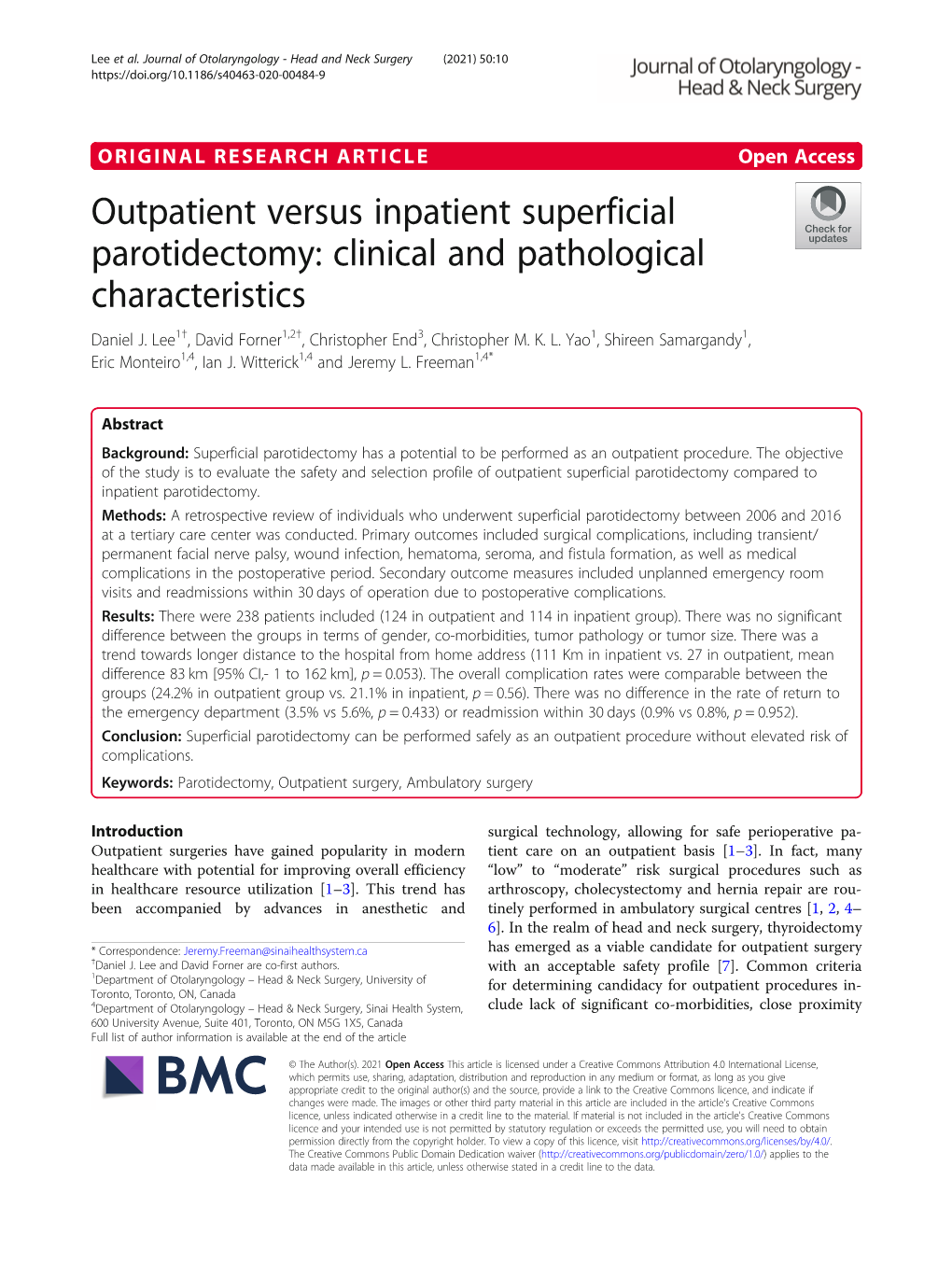 Outpatient Versus Inpatient Superficial Parotidectomy: Clinical and Pathological Characteristics Daniel J