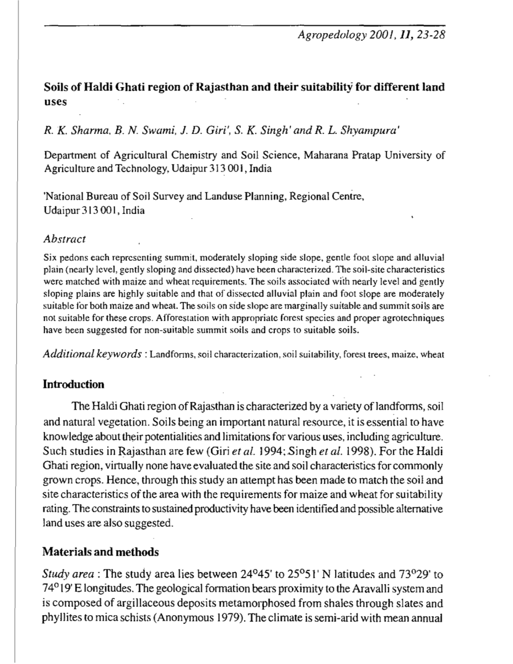 11, 23-28 Soils of Haldi Ghati Region of Rajasthan and Their Suitability For