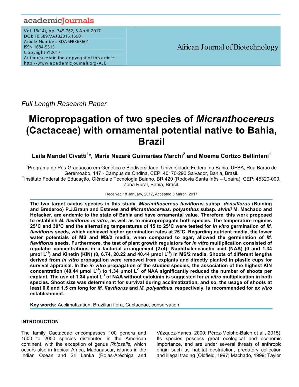 Micropropagation of Two Species of Micranthocereus (Cactaceae) with Ornamental Potential Native to Bahia, Brazil