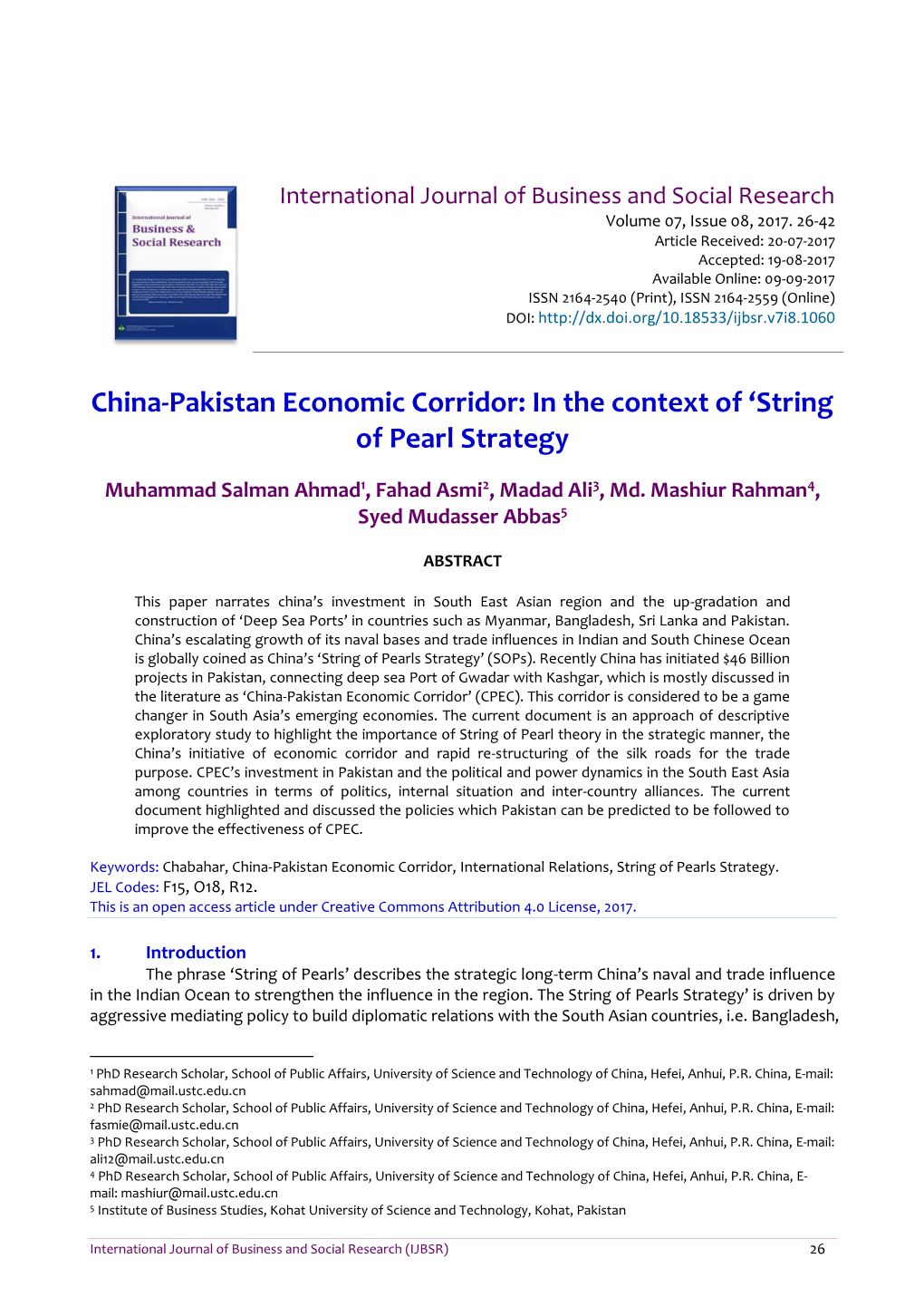 China-Pakistan Economic Corridor: in the Context of ‘String of Pearl Strategy