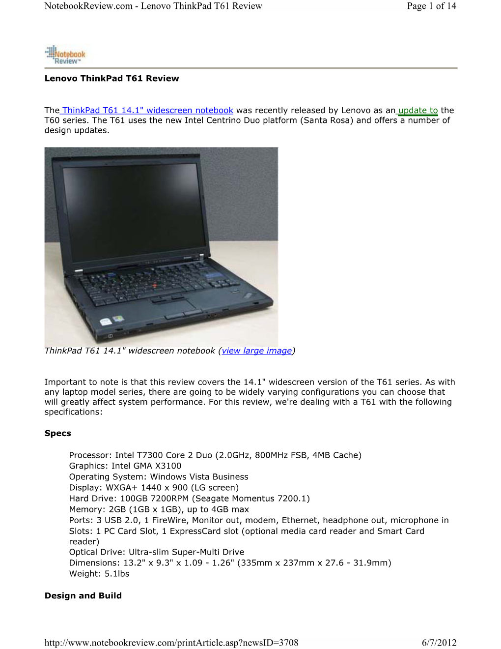 Notebookreview.Com - Lenovo Thinkpad T61 Review Page 1 of 14
