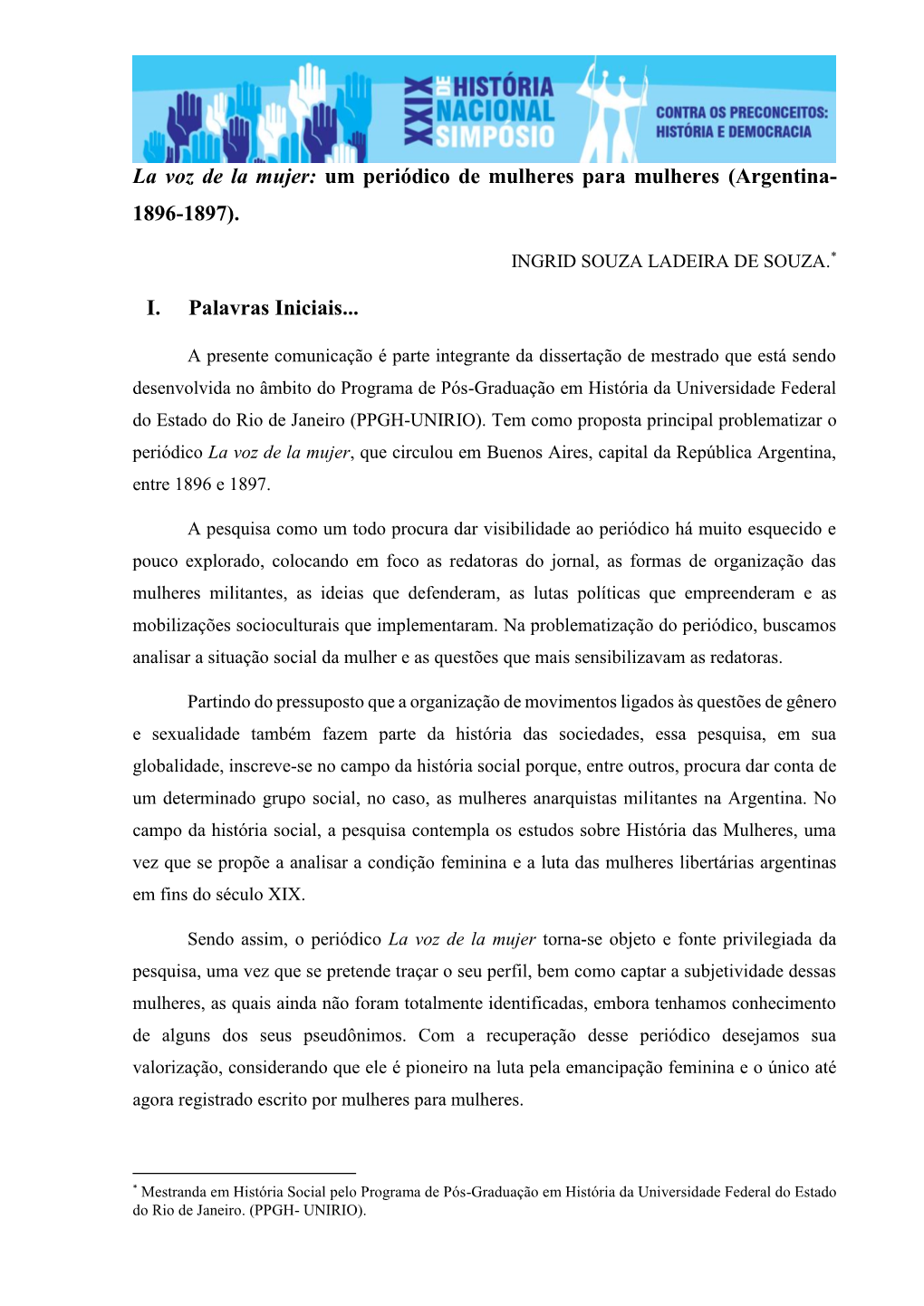 La Voz De La Mujer: Um Periódico De Mulheres Para Mulheres (Argentina- 1896-1897). I. Palavras Iniciais