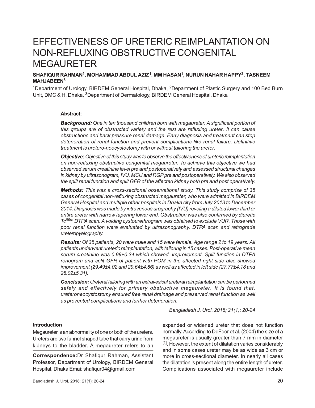 Effectiveness of Ureteric Reimplantation on Non-Refluxing Obstructive