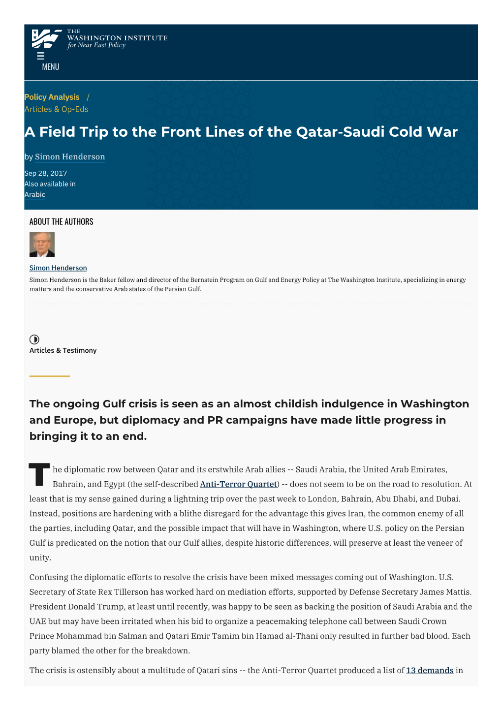 A Field Trip to the Front Lines of the Qatar-Saudi Cold War by Simon Henderson