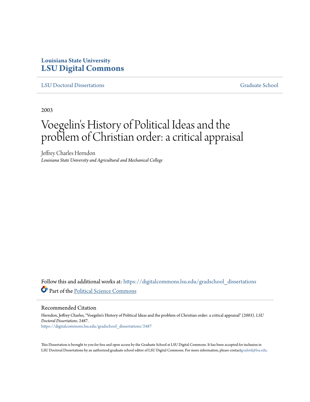 Voegelin's History of Political Ideas and the Problem of Christian Order