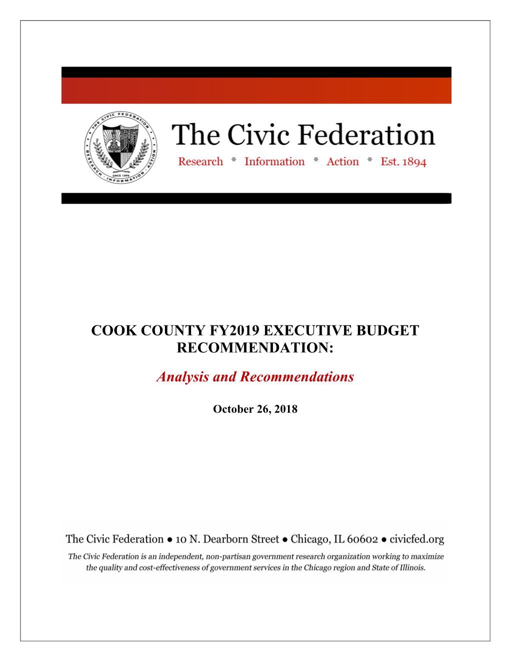 Cook County Fy2019 Executive Budget Recommendation