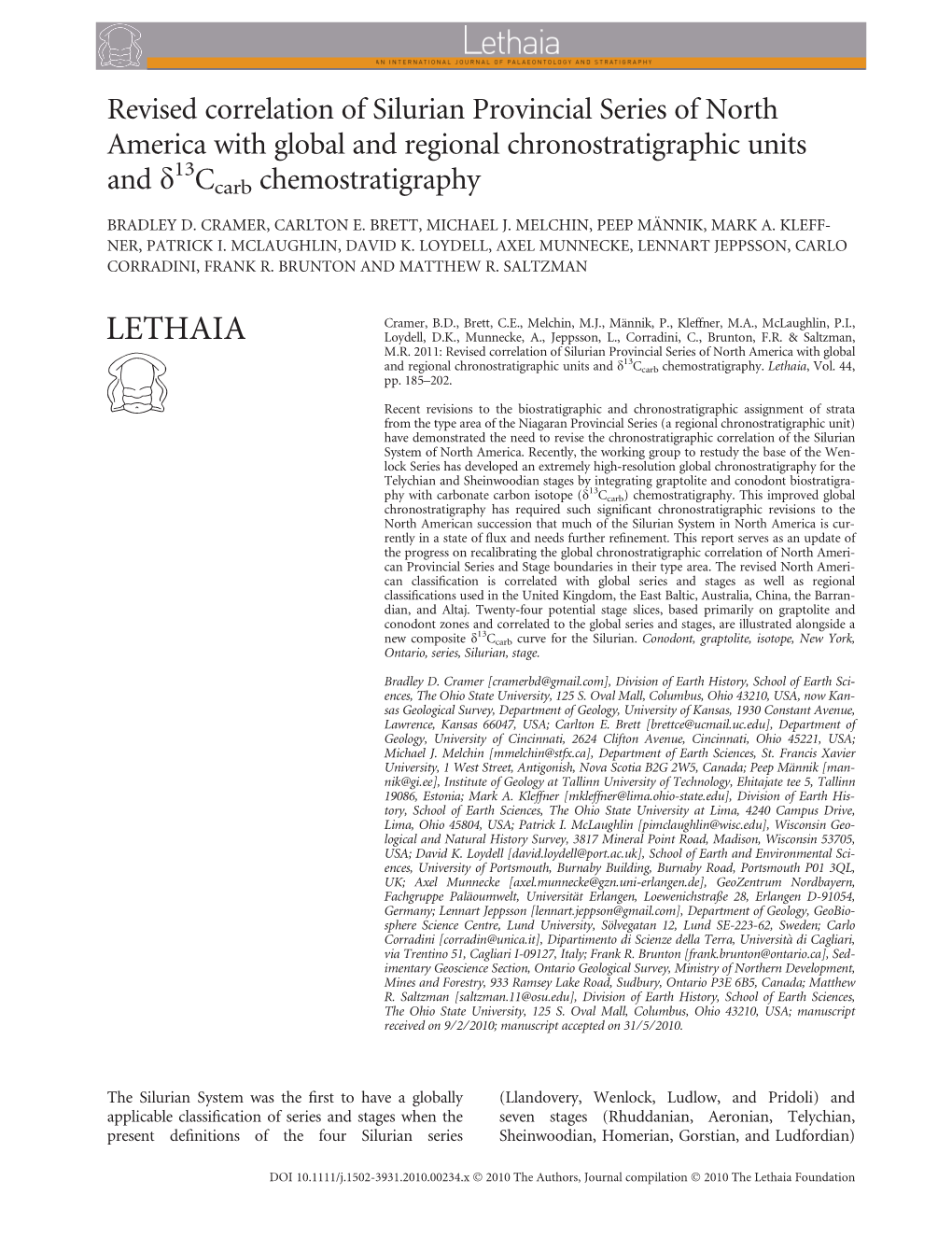 Revised Correlation of Silurian Provincial Series of North America with Global and Regional Chronostratigraphic Units 13 and D Ccarb Chemostratigraphy