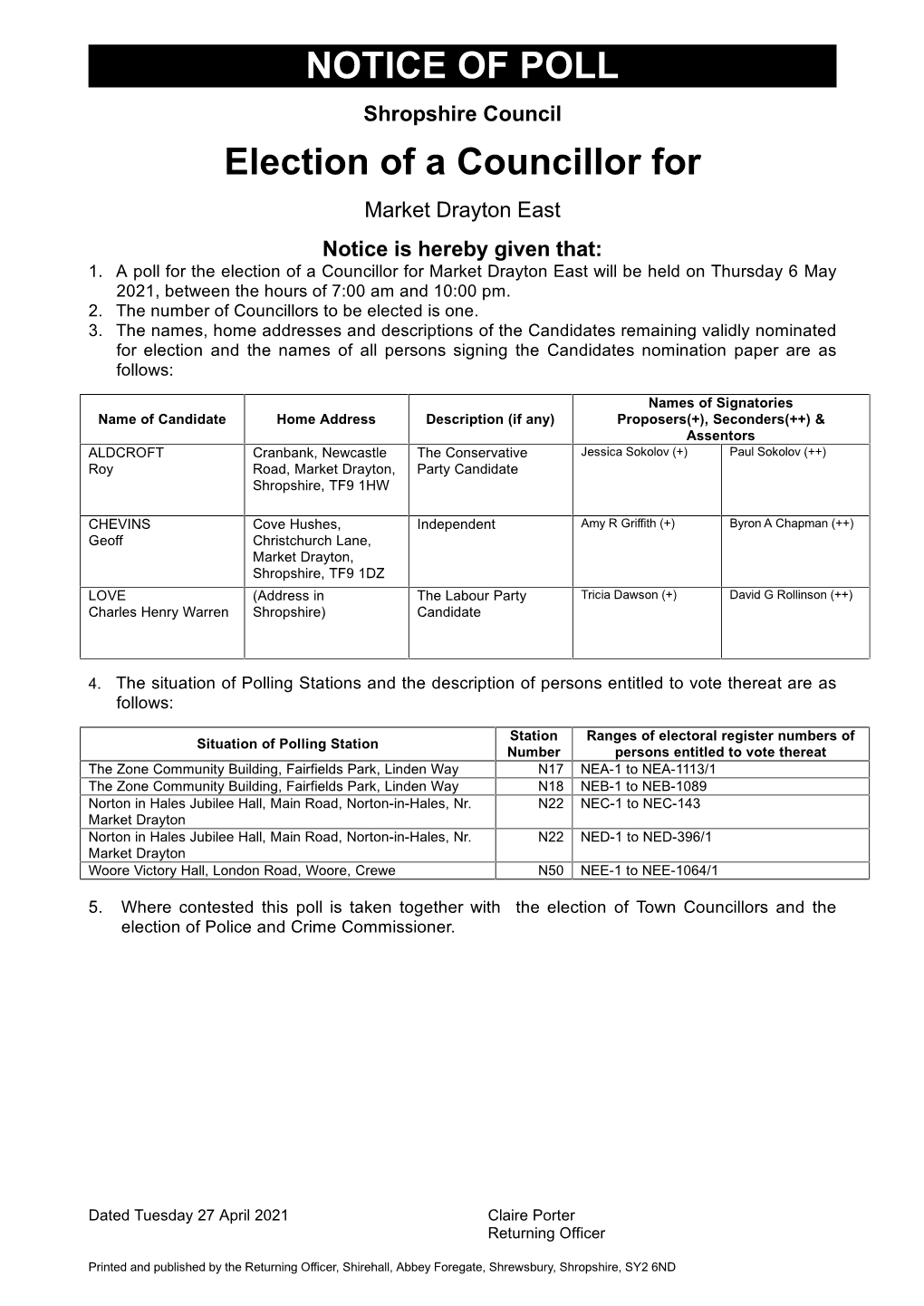 NOTICE of POLL Election of a Councillor