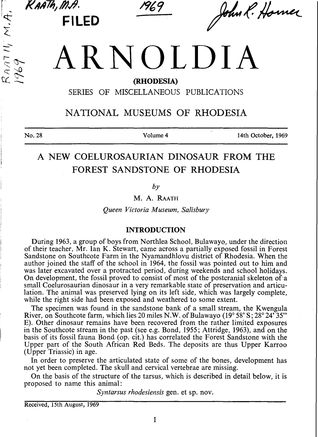 A New Coelurosaurian Dinosaur from the Forest Sandstone of Rhodesia. Arnoldia, 4(28