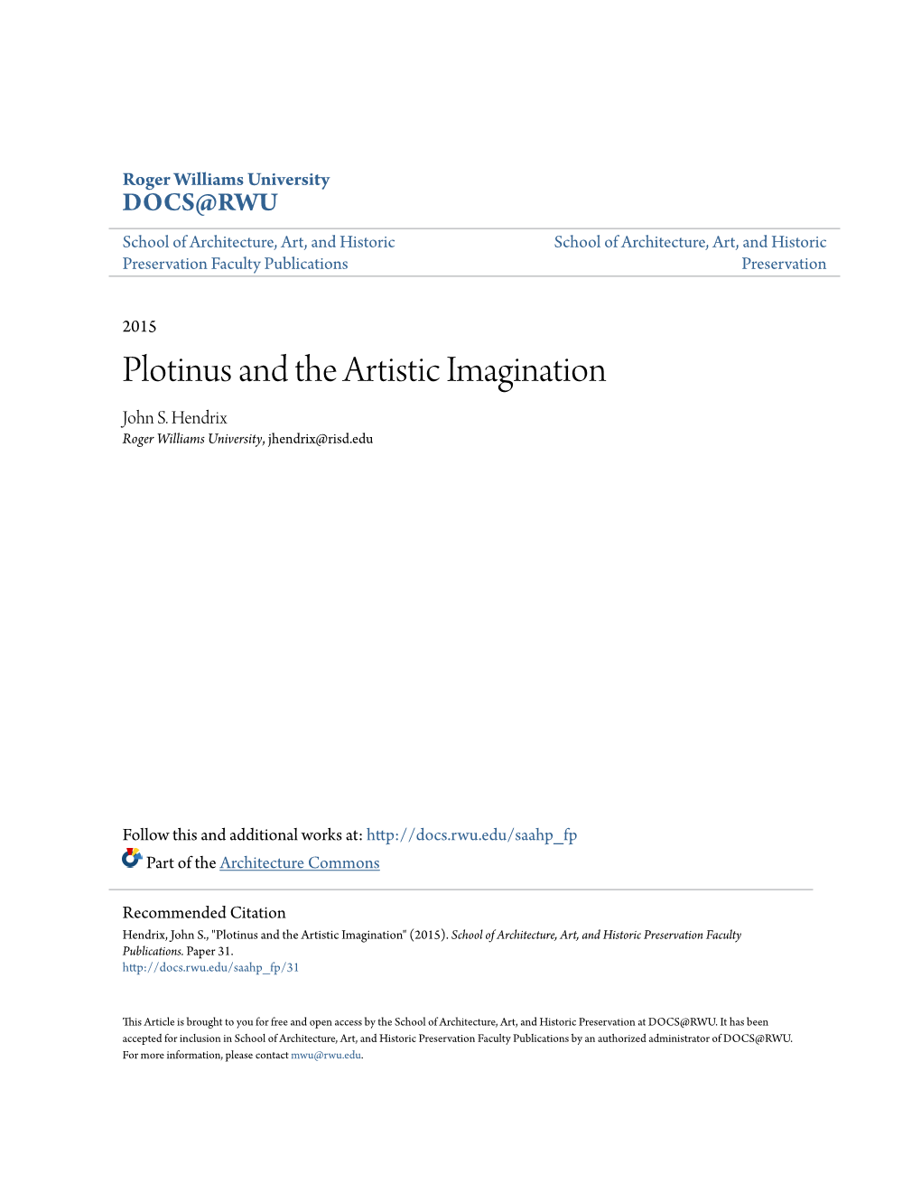 Plotinus and the Artistic Imagination John S