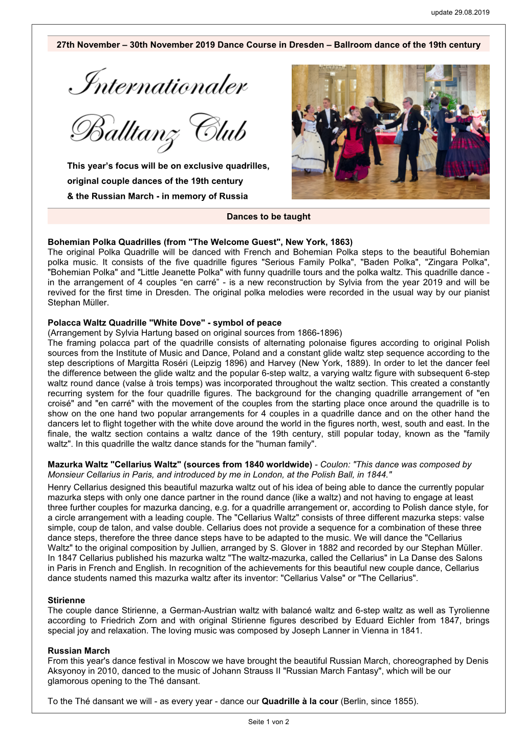 30Th November 2019 Dance Course in Dresden – Ballroom Dance of the 19Th Century