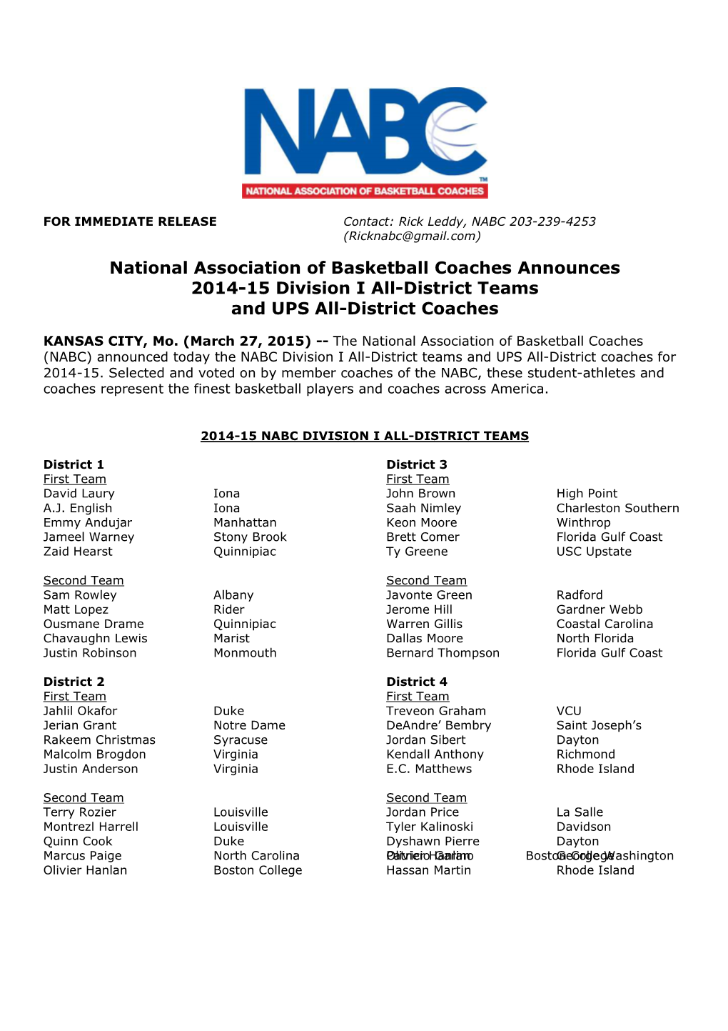 2014-15 NABC-Division I ALL-DISTRICT TEAMS and Coaches