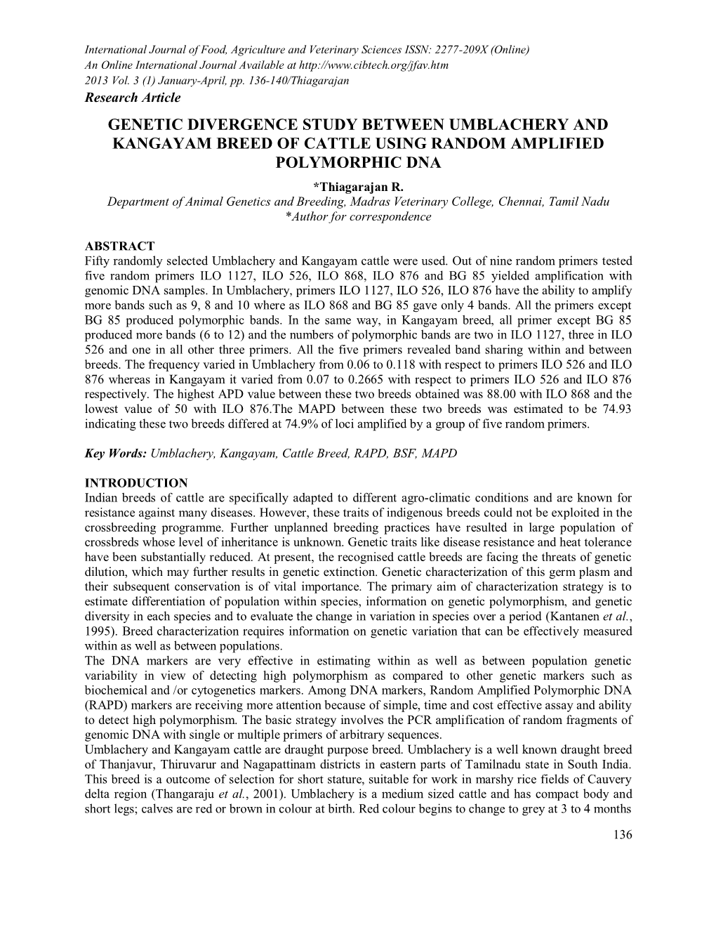 Genetic Divergence Study Between Umblachery and Kangayam Breed of Cattle Using Random Amplified Polymorphic Dna