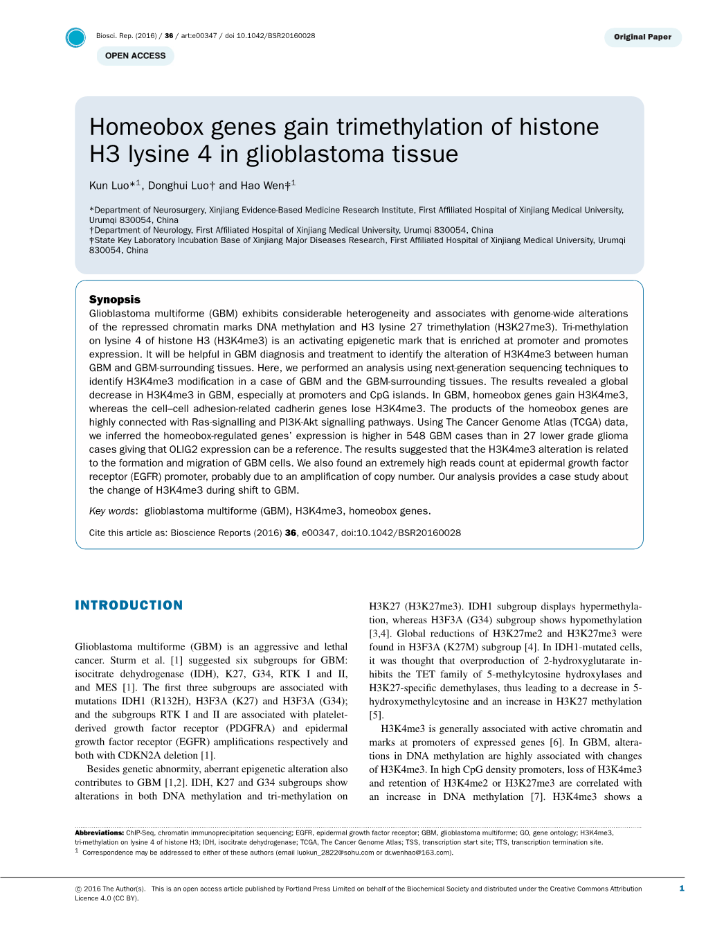 Homeobox Genes Gain Trimethylation of Histone H3 Lysine 4 in Glioblastoma Tissue