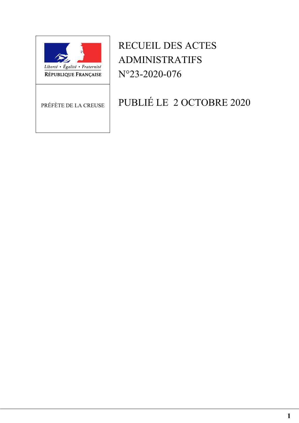 Recueil Des Actes Administratifs N°23-2020-076 Publié Le 2 Octobre