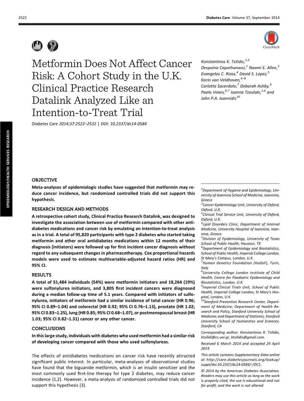 Metformin Does Not Affect Cancer Risk: a Cohort Study in the U.K