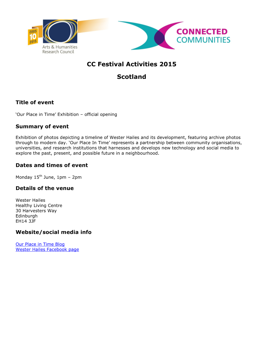 CC Festival Activities 2015 Scotland