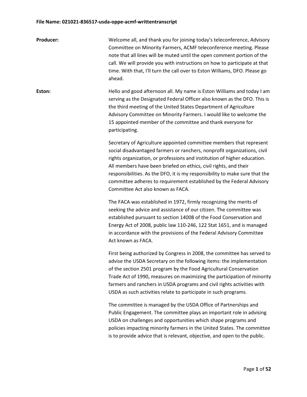 File Name: 021021-836517-Usda-Oppe-Acmf-Writtentranscript Page 1 of 52 Producer: Welcome All, and Thank You for Joining Today's