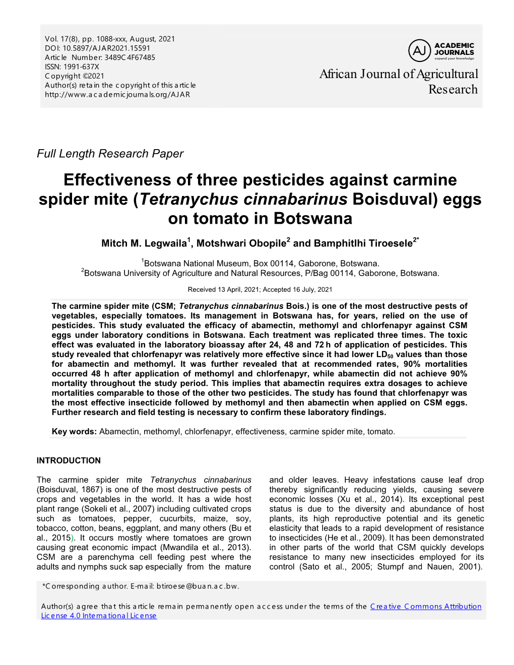 Effectiveness of Three Pesticides Against Carmine Spider Mite (Tetranychus Cinnabarinus Boisduval) Eggs on Tomato in Botswana