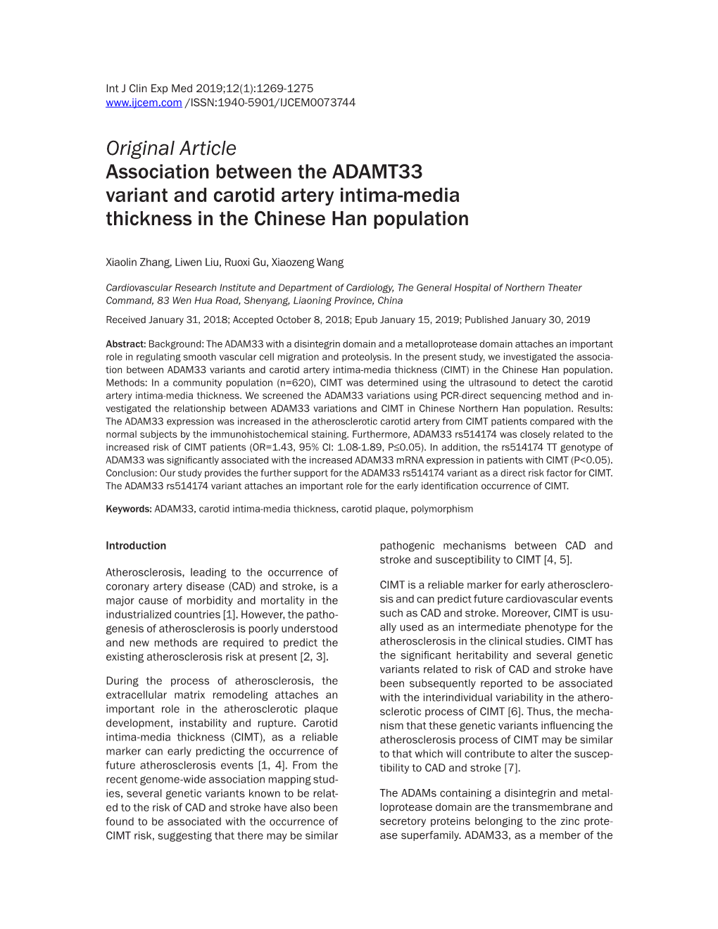 Original Article Association Between the ADAMT33 Variant and Carotid Artery Intima-Media Thickness in the Chinese Han Population