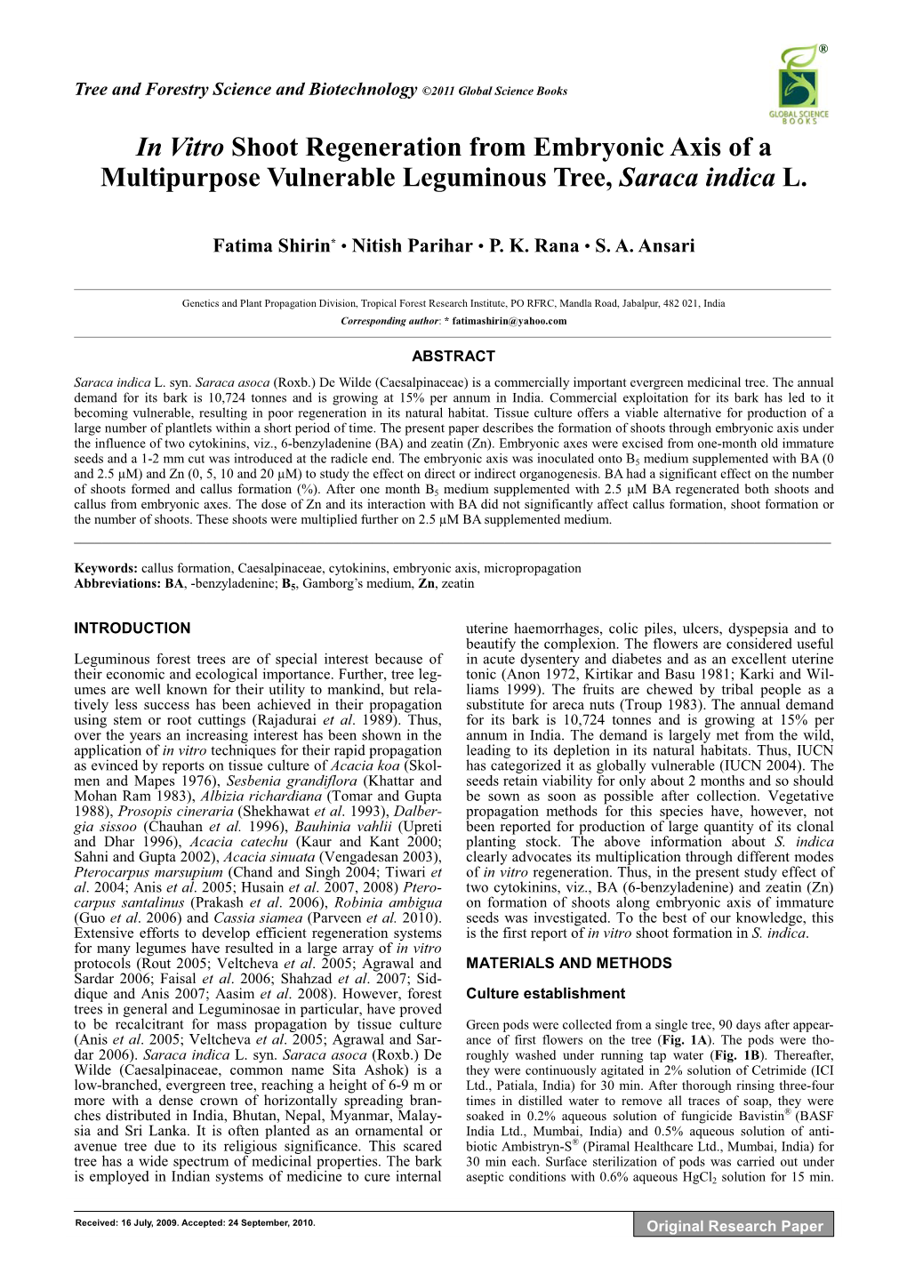 In Vitro Shoot Regeneration from Embryonic Axis of a Multipurpose Vulnerable Leguminous Tree, Saraca Indica L