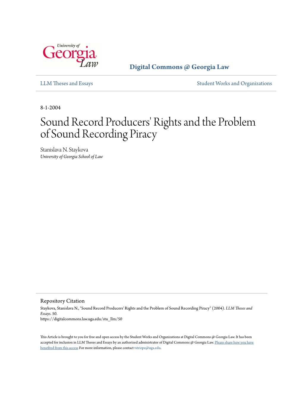 Sound Record Producers' Rights and the Problem of Sound Recording Piracy Stanislava N