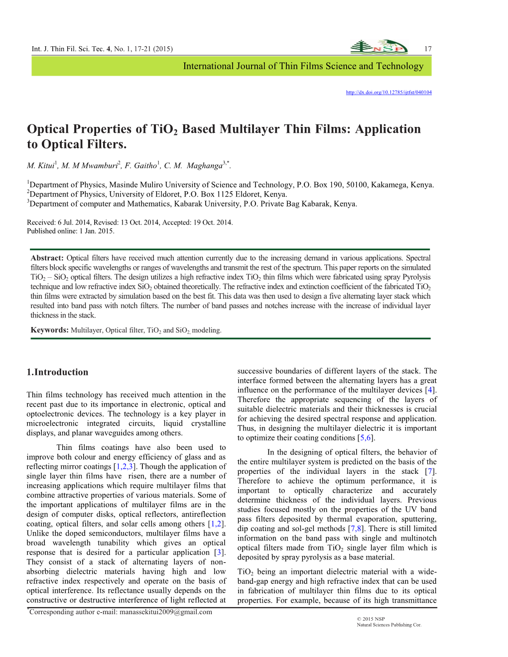 Optical Properties of Tio2 Based Multilayer Thin Films: Application to Optical Filters