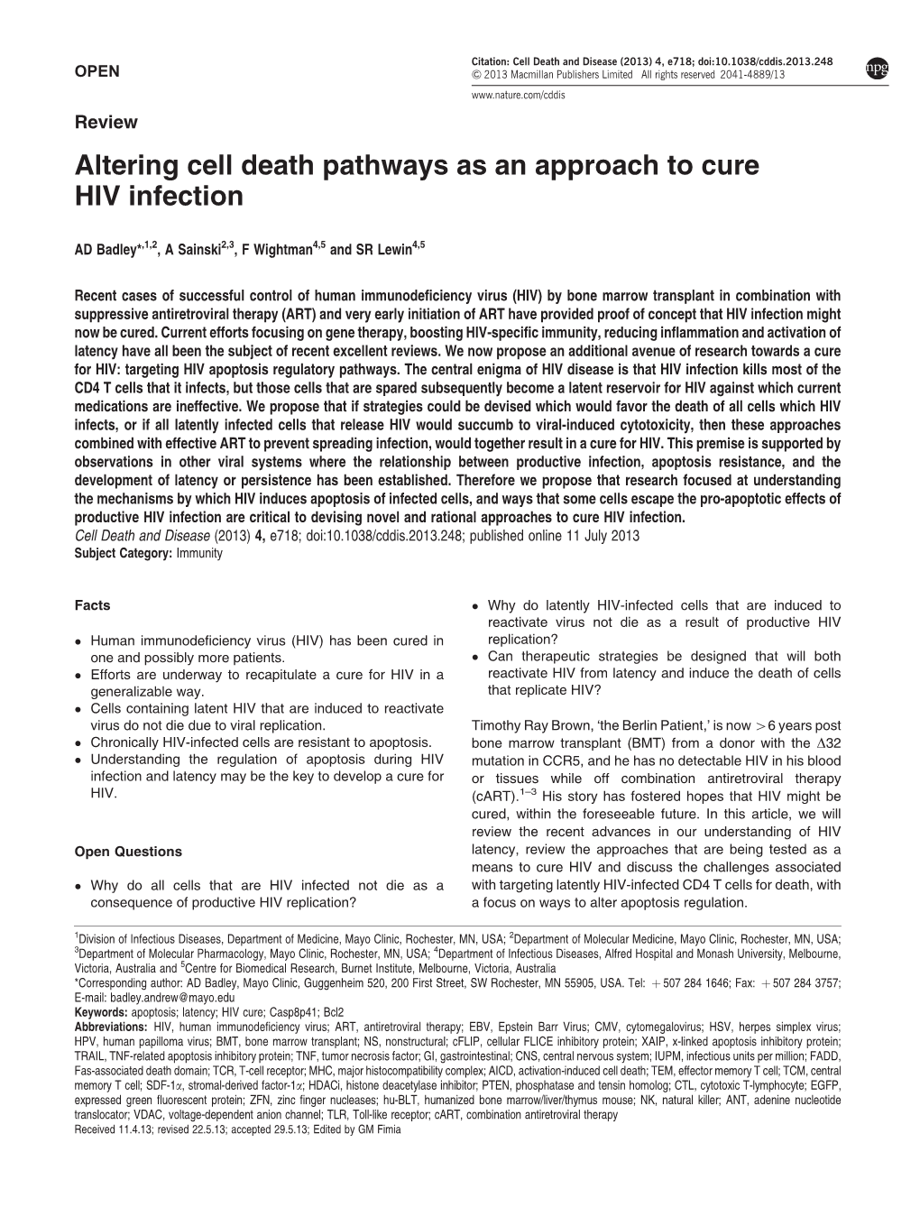 Altering Cell Death Pathways As an Approach to Cure HIV Infection