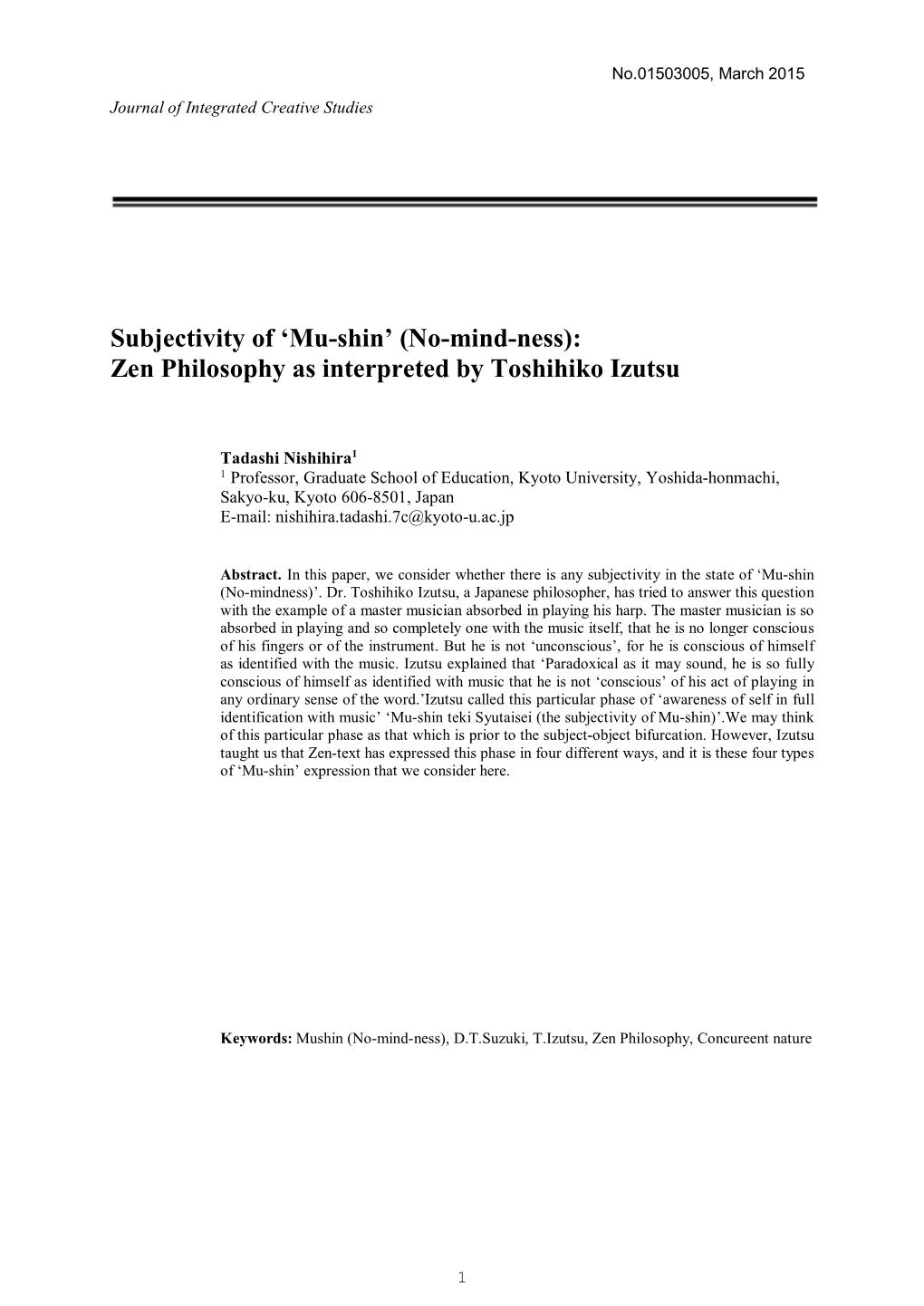 Subjectivity of 'Mu-Shin' (No-Mind-Ness): Zen Philosophy As