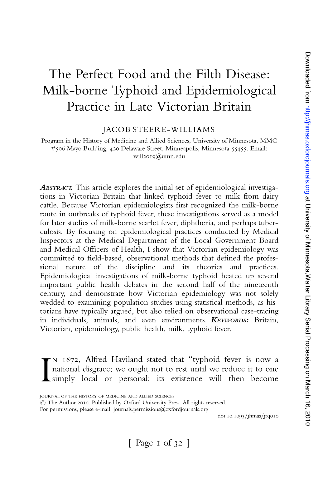 The Perfect Food and the Filth Disease: Milk-Borne Typhoid and Epidemiological Practice in Late Victorian Britain
