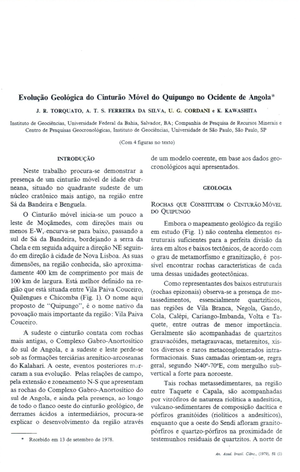 Evolução Geológica Do Cinturão Móvel Do Quipungo No Ocidente De Angola* Boto