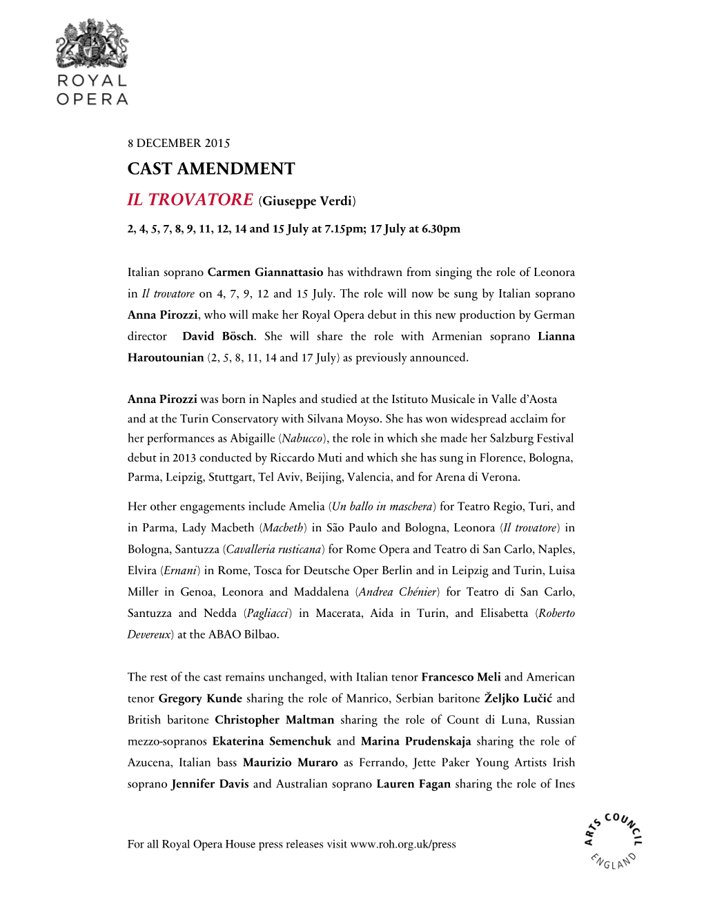 Cast Amendment for Il Trovatore