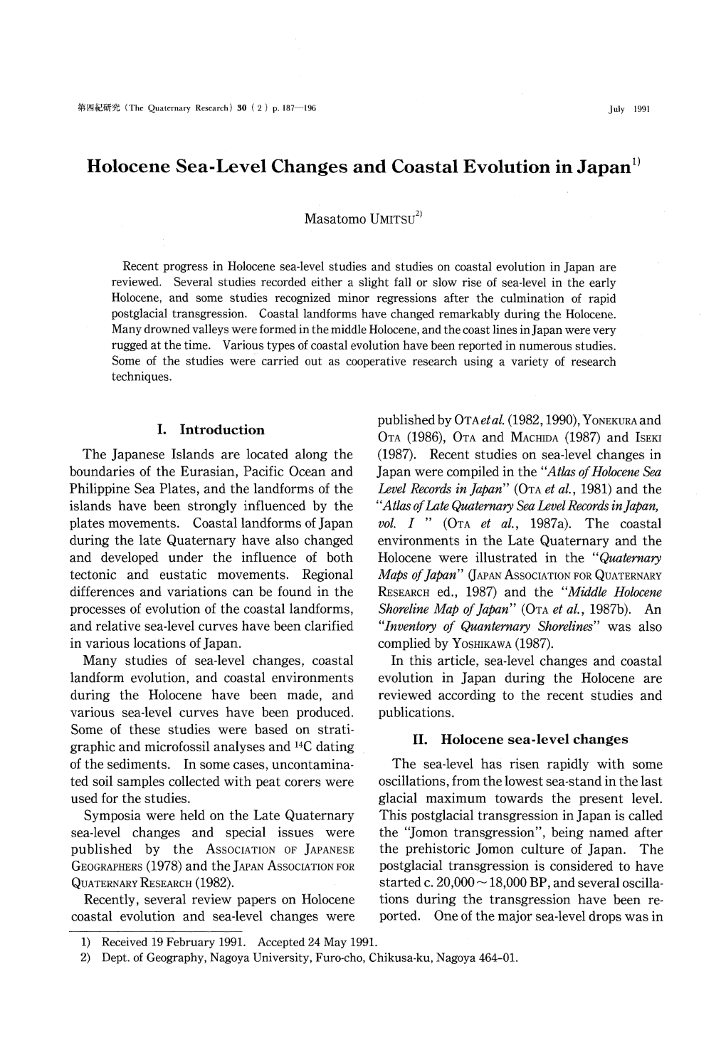 Holocene Sea-Level Changes and Coastal Evolution in Japan1)