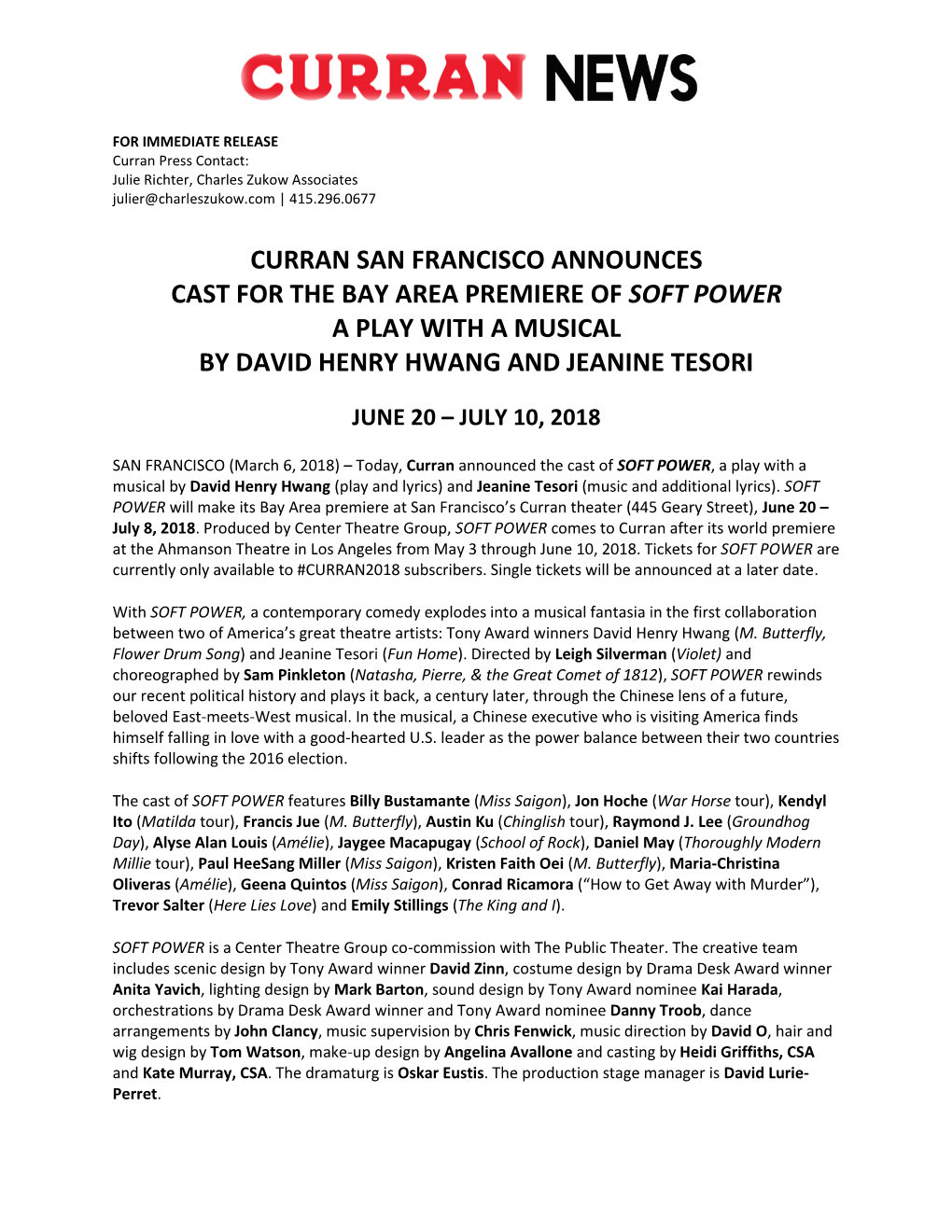 Curran San Francisco Announces Cast for the Bay Area Premiere of Soft Power a Play with a Musical by David Henry Hwang and Jeanine Tesori