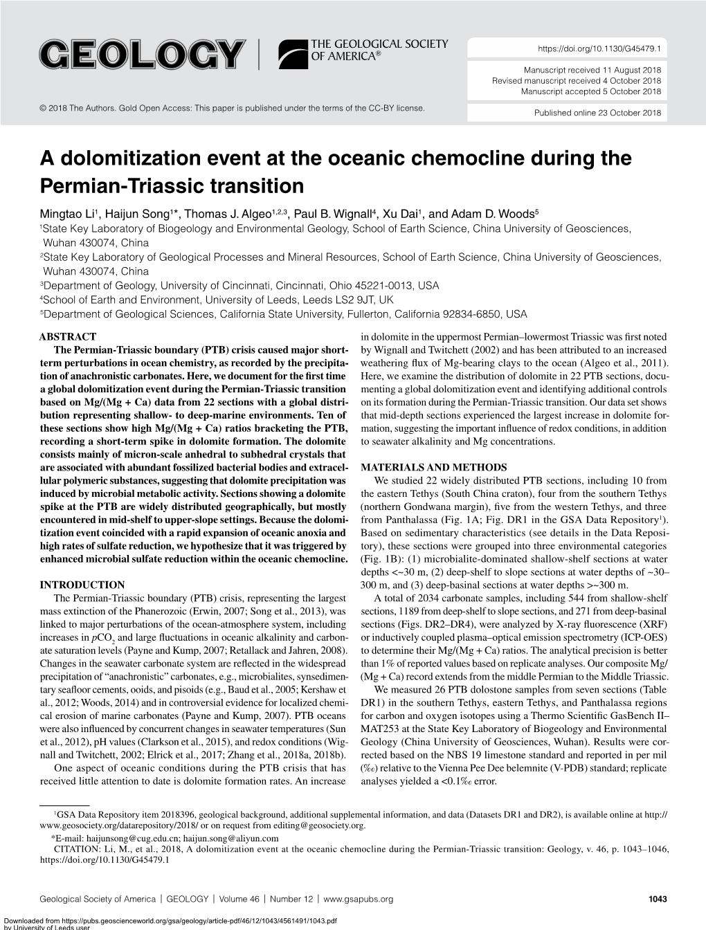 A Dolomitization Event at the Oceanic Chemocline During the Permian-Triassic Transition Mingtao Li1, Haijun Song1*, Thomas J