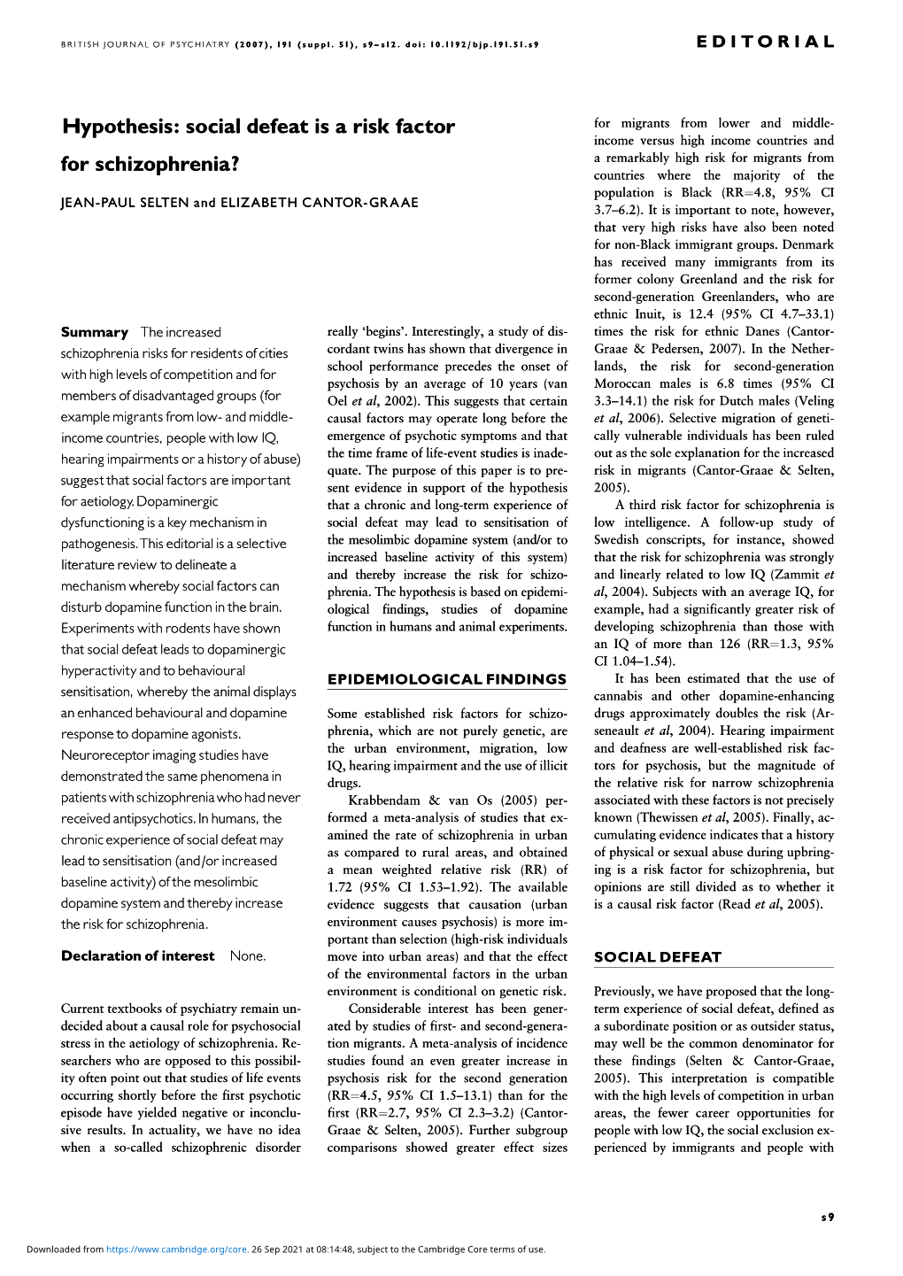 Social Defeat Is a Risk Factor for Schizophrenia?