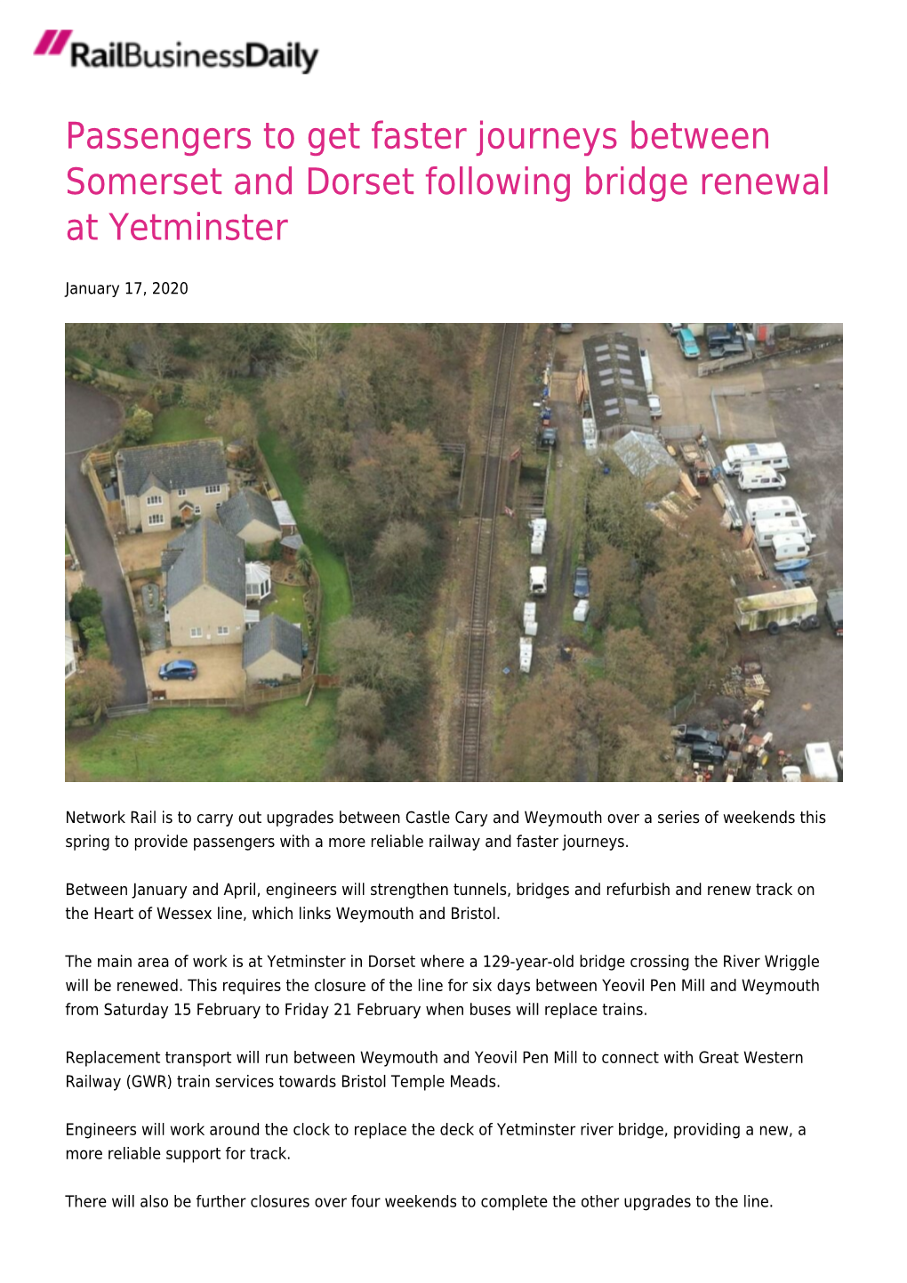 Passengers to Get Faster Journeys Between Somerset and Dorset Following Bridge Renewal at Yetminster