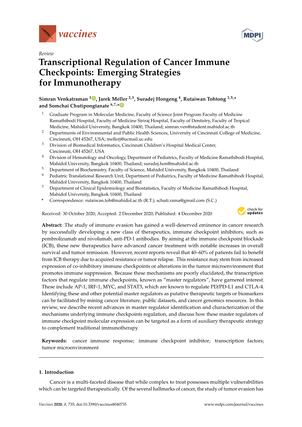 Transcriptional Regulation of Cancer Immune Checkpoints: Emerging Strategies for Immunotherapy