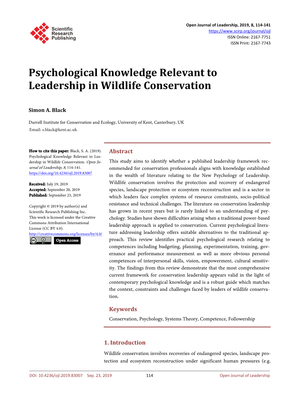 Psychological Knowledge Relevant to Leadership in Wildlife Conservation
