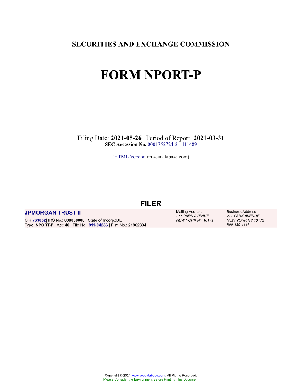 JPMORGAN TRUST II Form NPORT-P Filed 2021