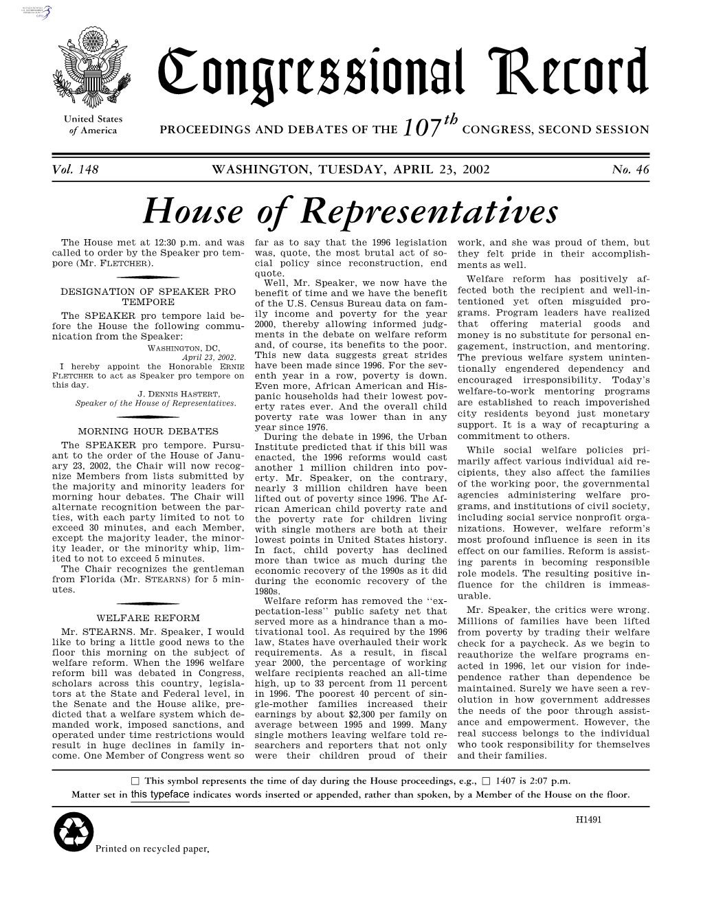 Congressional Record United States Th of America PROCEEDINGS and DEBATES of the 107 CONGRESS, SECOND SESSION